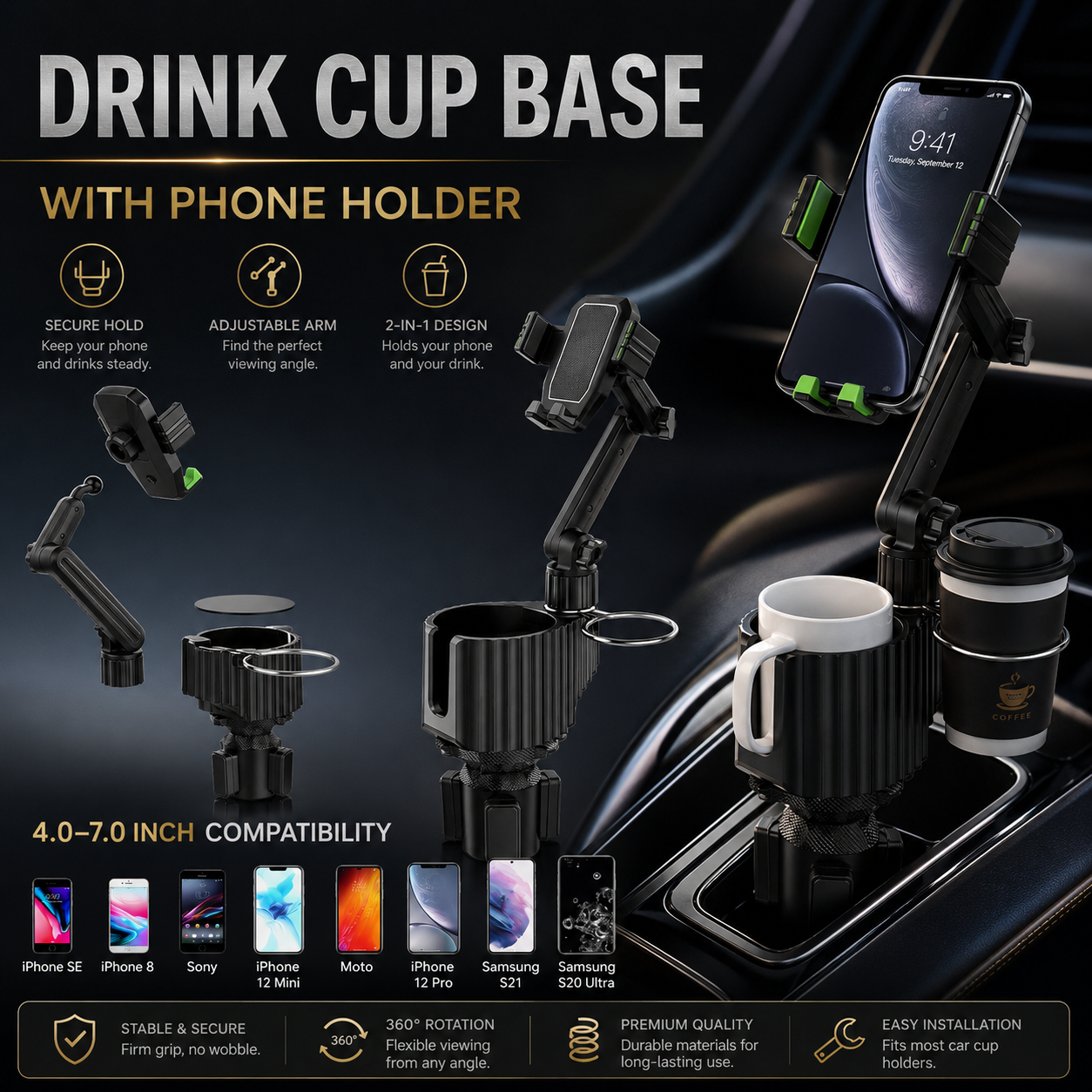Drivegy™ Cup Holder Phone Mount with Adjustable Drink Cup Base