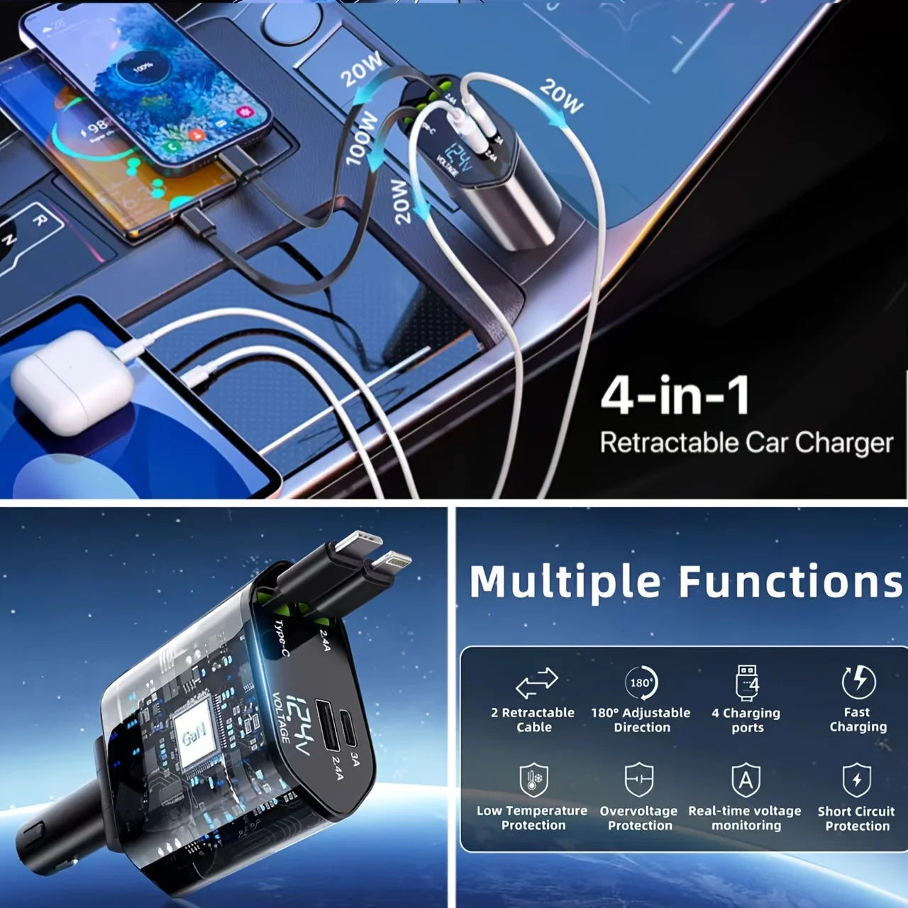 Drivegy™ 4-in-1 Retractable Car Charger – 86W Fast Charging | USB-C + Lightning