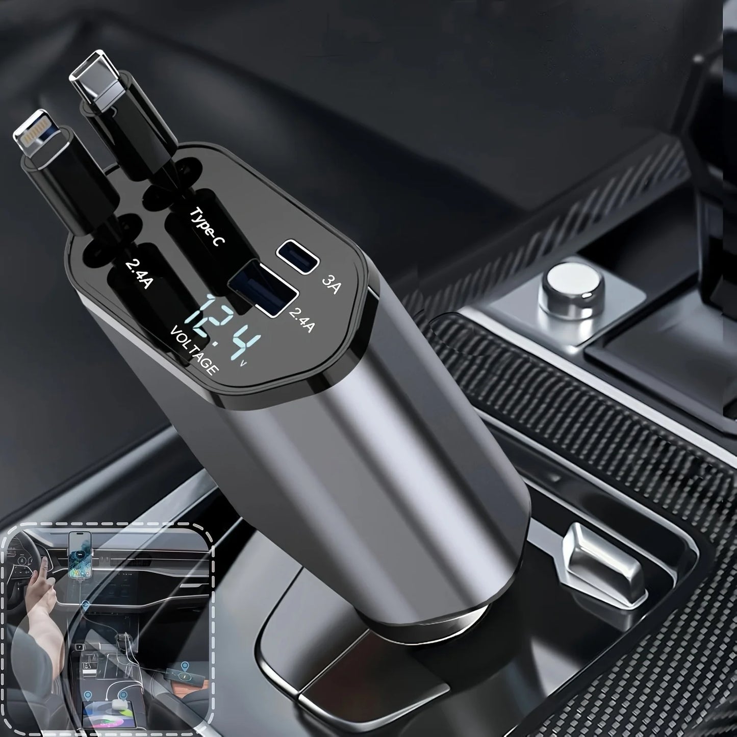 Drivegy™ 4-in-1 Retractable Car Charger – 86W Fast Charging | USB-C + Lightning