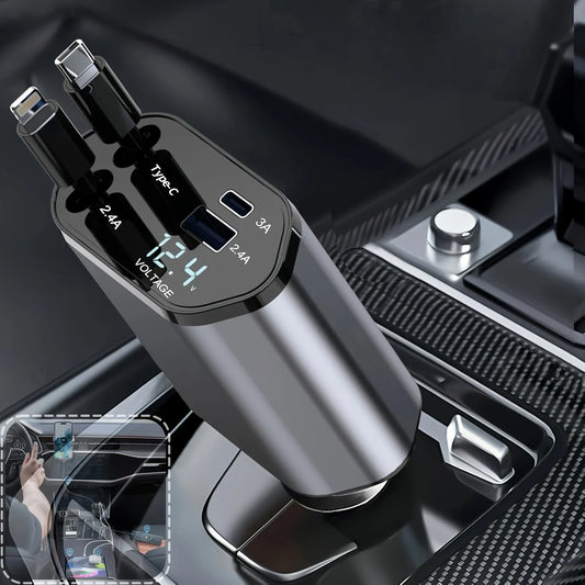 Drivegy™ 4-in-1 Retractable Car Charger Up to 86W | USB-C + Lightning | Voltage Display | USB-A/USB-C