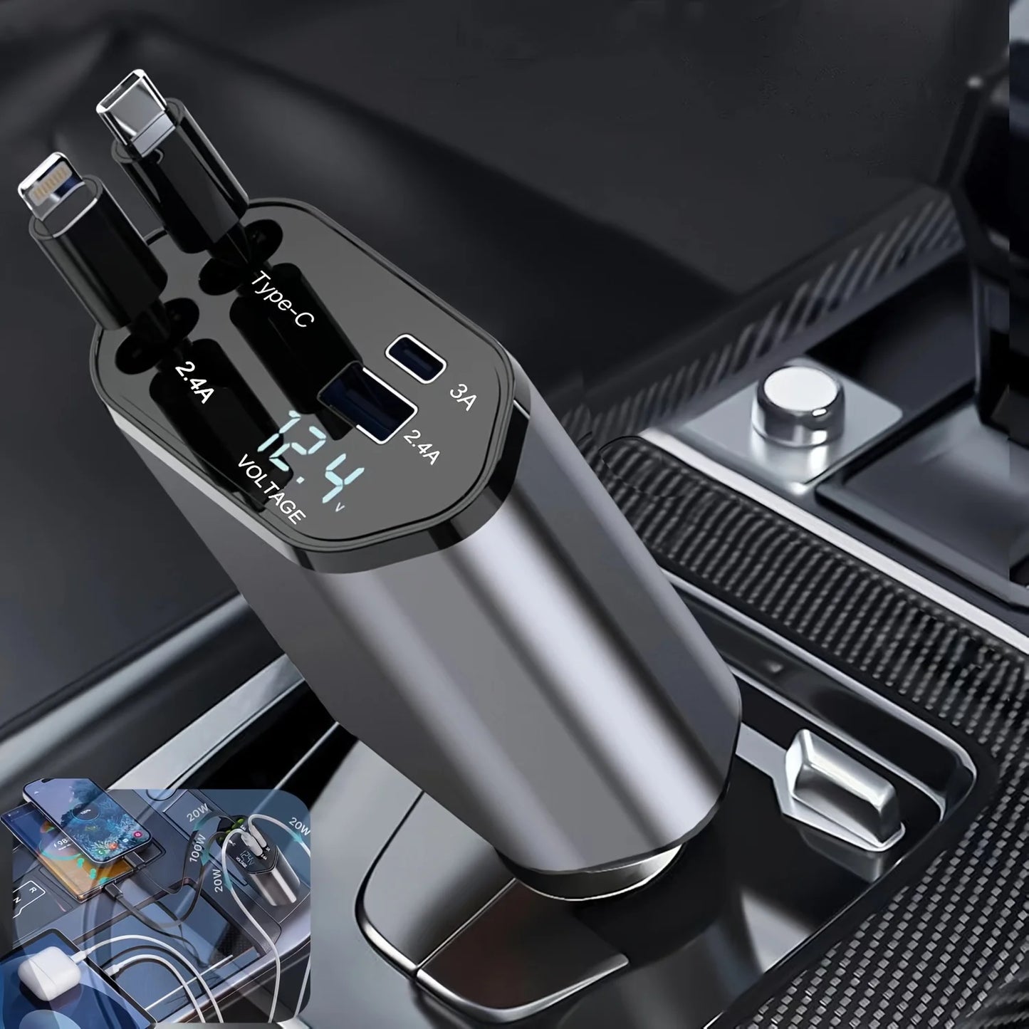 Drivegy™ 4-in-1 Retractable Car Charger – 86W Fast Charging | USB-C + Lightning