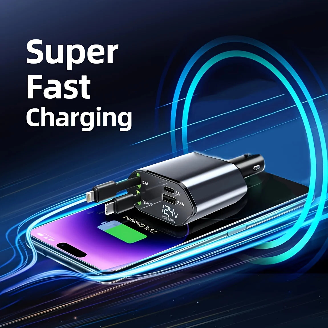Drivegy™ 4-in-1 Retractable Car Charger – 86W Fast Charging | USB-C + Lightning