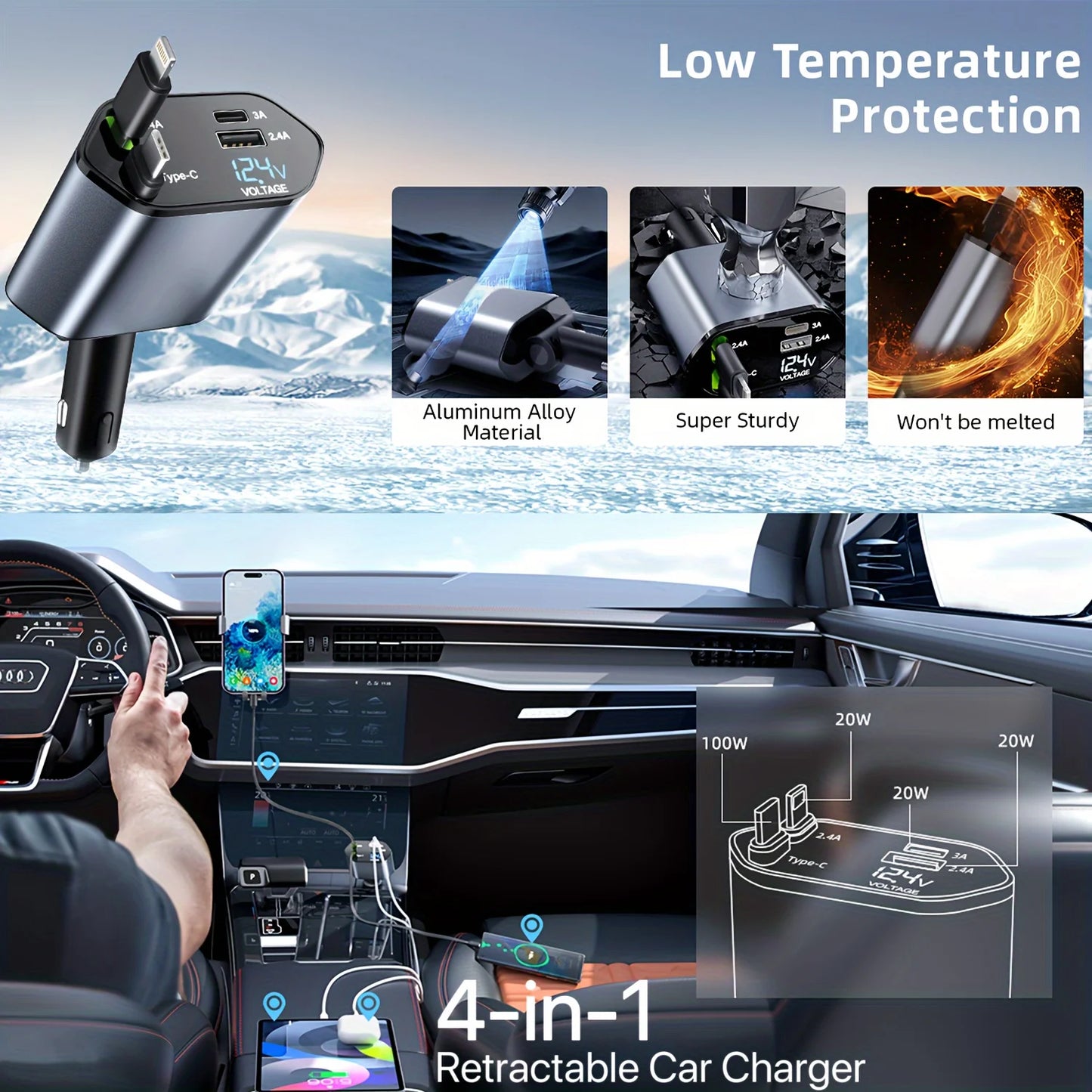 Drivegy™ 4-in-1 Retractable Car Charger – 86W Fast Charging | USB-C + Lightning