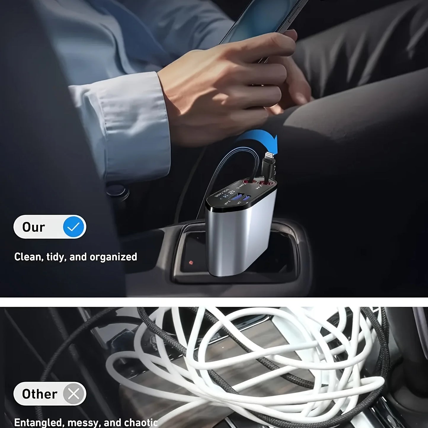 Drivegy™ 4-in-1 Retractable Car Charger – 86W Fast Charging | USB-C + Lightning
